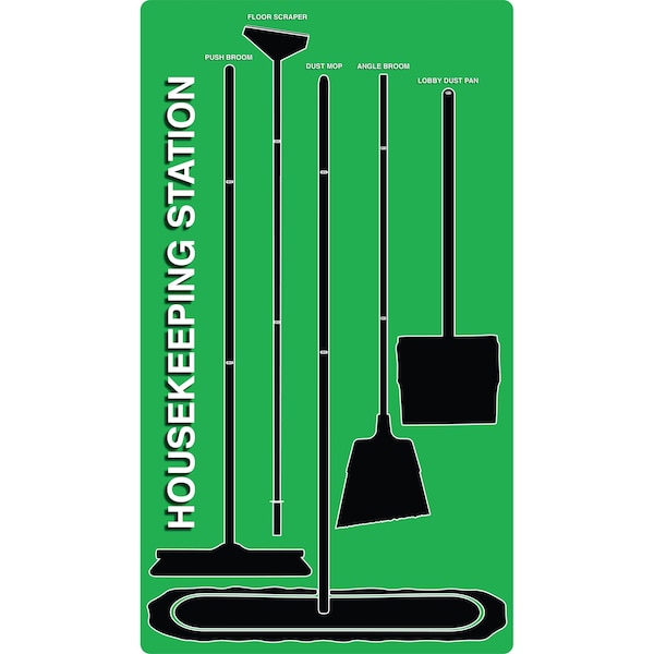 5S Housekeeping Shadow Board Broom Station Version 9 - Green Board / Black Shadows  With Broom